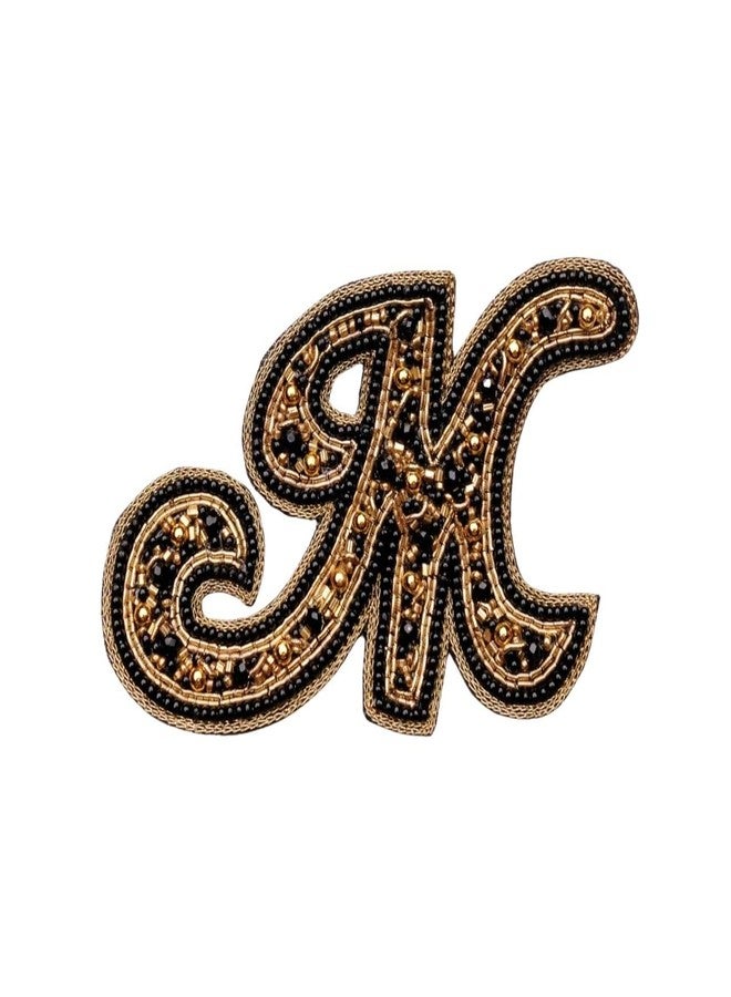 Abeo Handcrafted Initial 'M' Brooch, Black and Gold Beaded Design, 5-6.5 cm - Image 2