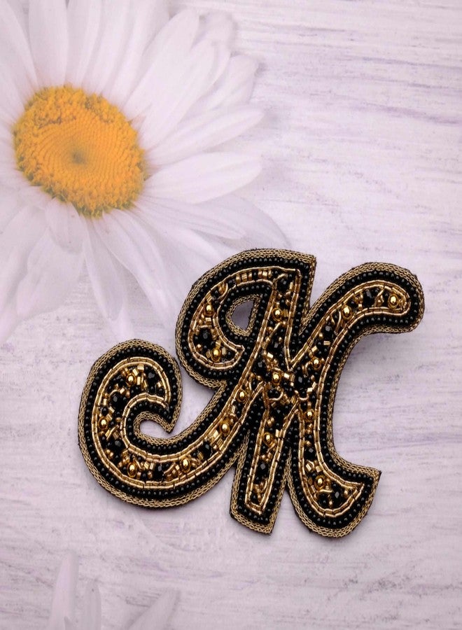 Abeo Handcrafted Initial 'M' Brooch, Black and Gold Beaded Design, 5-6.5 cm - Image 3
