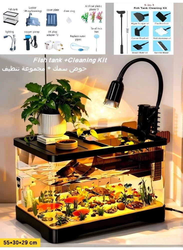 Luxury large all-in-one fish bowl/turtle tank/fish tank set, aquarium, and 5-in-1 aquarium cleaning kit, terrestrial habitat with basking platform, filter, LED light, and complete turtle/fish accessories. - Image 1