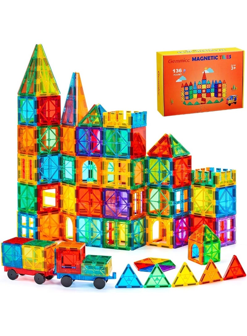 Gemmicc 136 PCS Magnetic Tiles, Deluxe Building Blocks Magnet Toys Set for Kids,3D Magnet Puzzles Stacking Blocks for Boys Girls,Huge Set with 2 Cars - Image 1
