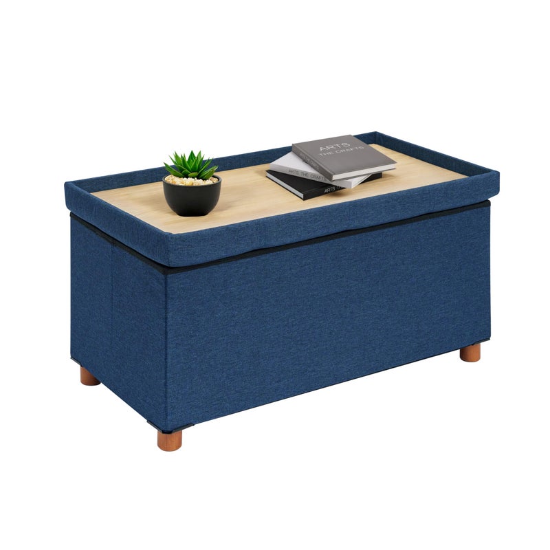 B FSOBEIIALEO Storage Ottoman with Tray, Foot Stools and Ottomans with Legs, Storage Cube Seat Linen Blue 30" - Image 1