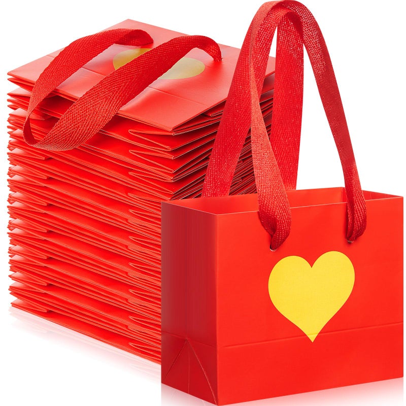 Weekgrat 48 Pcs Mini Gift Bags with Handle 4.72 x 3.94 x 2.36 Inch Small Heart Shaped Pattern Treat Goodie Candy Bags Bulk for Mother's Day Wedding Supplies Decoration (Red and Gold) - Image 1