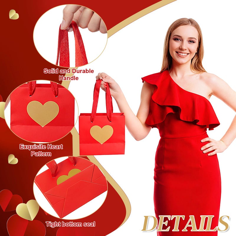 Weekgrat 48 Pcs Mini Gift Bags with Handle 4.72 x 3.94 x 2.36 Inch Small Heart Shaped Pattern Treat Goodie Candy Bags Bulk for Mother's Day Wedding Supplies Decoration (Red and Gold) - Image 5