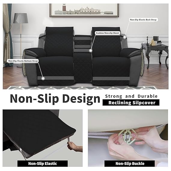 BLESSING PET SUPPLY EasyGoing Loveseat Recliner Cover Reversible Couch Cover for Double Recliner Split Sofa Cover for Each Seat Furniture Protector with Elastic Straps for Kids Dogs Pets 2 seater Black - Image 4