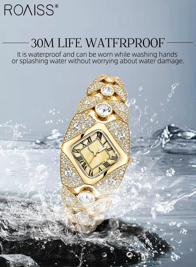 رويس ساعة يد نسائية فاخرة أنيقة مرصعة بأحجار الراين وميناء مربع من اللؤلؤ وأرقام رومانية وسوار تناظري أنيق للسيدات - Image 5