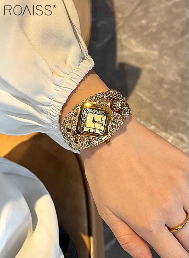 رويس ساعة يد نسائية فاخرة أنيقة مرصعة بأحجار الراين وميناء مربع من اللؤلؤ وأرقام رومانية وسوار تناظري أنيق للسيدات - Image 4