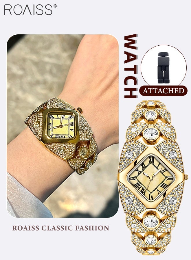 رويس ساعة يد نسائية فاخرة أنيقة مرصعة بأحجار الراين وميناء مربع من اللؤلؤ وأرقام رومانية وسوار تناظري أنيق للسيدات - Image 1