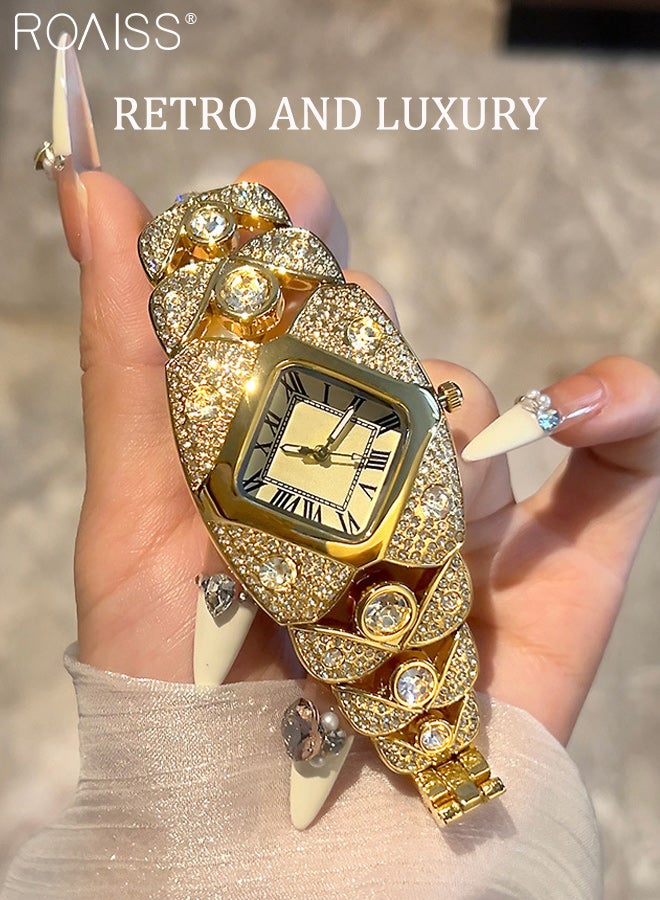 رويس ساعة يد نسائية فاخرة أنيقة مرصعة بأحجار الراين وميناء مربع من اللؤلؤ وأرقام رومانية وسوار تناظري أنيق للسيدات - Image 2