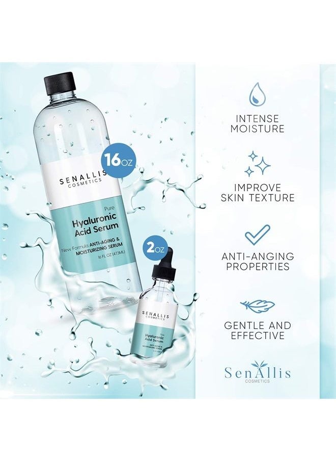 SenAllis Cosmetics - مصل حمض الهيالورونيك 16 أونصة سائلة و2 أونصة سائلة، مصنوع من مرطب نقي مضاد للشيخوخة/التجاعيد، مرطب فائق الترطيب يقلل من جفاف الجلد، صنع في الولايات المتحدة الأمريكية - Image 1