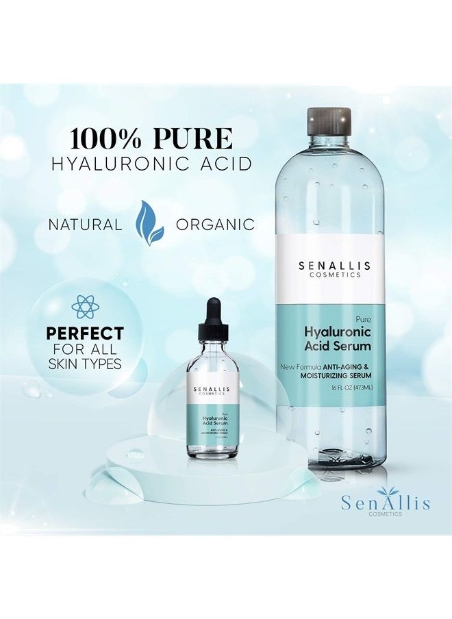 SenAllis Cosmetics - مصل حمض الهيالورونيك 16 أونصة سائلة و2 أونصة سائلة، مصنوع من مرطب نقي مضاد للشيخوخة/التجاعيد، مرطب فائق الترطيب يقلل من جفاف الجلد، صنع في الولايات المتحدة الأمريكية - Image 1