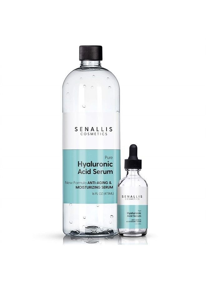 SenAllis Cosmetics - مصل حمض الهيالورونيك 16 أونصة سائلة و2 أونصة سائلة، مصنوع من مرطب نقي مضاد للشيخوخة/التجاعيد، مرطب فائق الترطيب يقلل من جفاف الجلد، صنع في الولايات المتحدة الأمريكية - Image 1