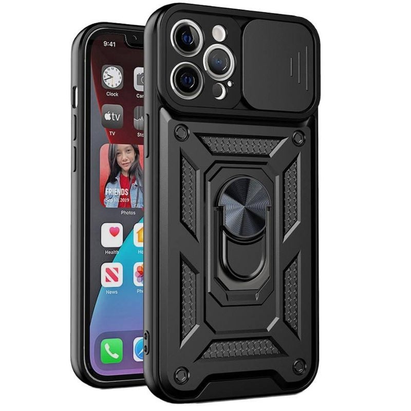 غطاء واقي، حامل قائم، لـ iPhone 12 Pro Max، أسود بوظيفة حامل باللون الأسود للتنقل اليومي سهل التخزين للاستخدام العملي - Image 1