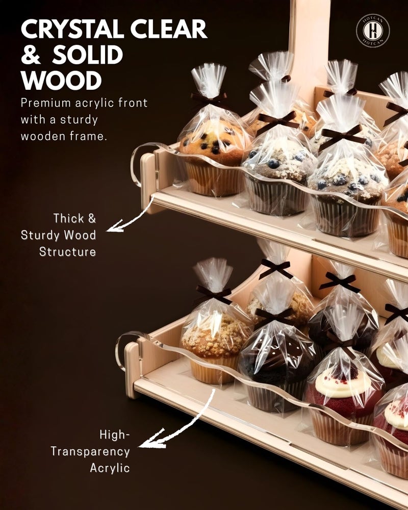 HOTCAN Cookie Display Stand for Bakers & Vendors with Acrylic Front - Wooden Cookie Stand with Chalkboard Sign for Market Booths, Craft Fairs & Events - Tiered Cookie Display for Cupcakes, Muffins & Pastries (Natural) - Image 2