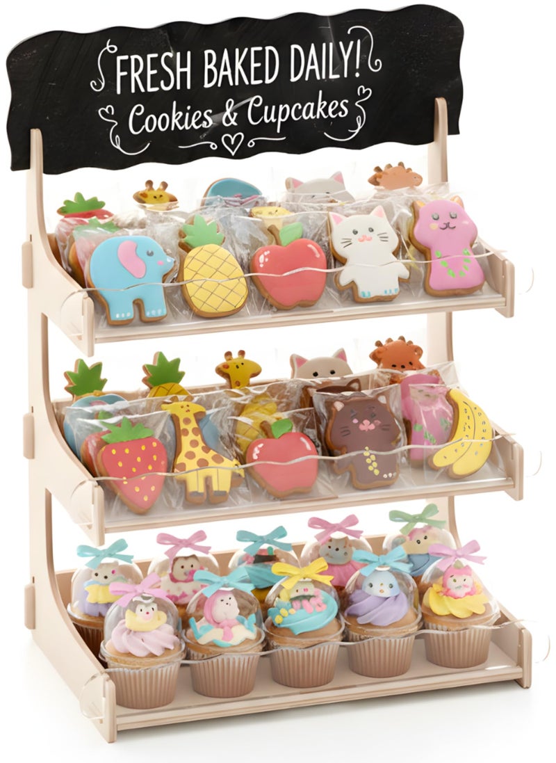 HOTCAN Cookie Display Stand for Bakers & Vendors with Acrylic Front - Wooden Cookie Stand with Chalkboard Sign for Market Booths, Craft Fairs & Events - Tiered Cookie Display for Cupcakes, Muffins & Pastries (Natural) - Image 1
