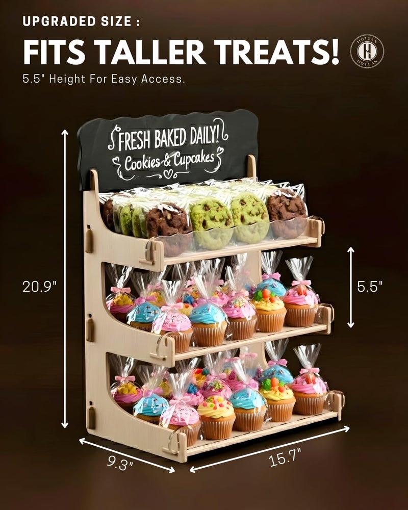 HOTCAN Cookie Display Stand for Bakers & Vendors with Acrylic Front - Wooden Cookie Stand with Chalkboard Sign for Market Booths, Craft Fairs & Events - Tiered Cookie Display for Cupcakes, Muffins & Pastries (Natural) - Image 3