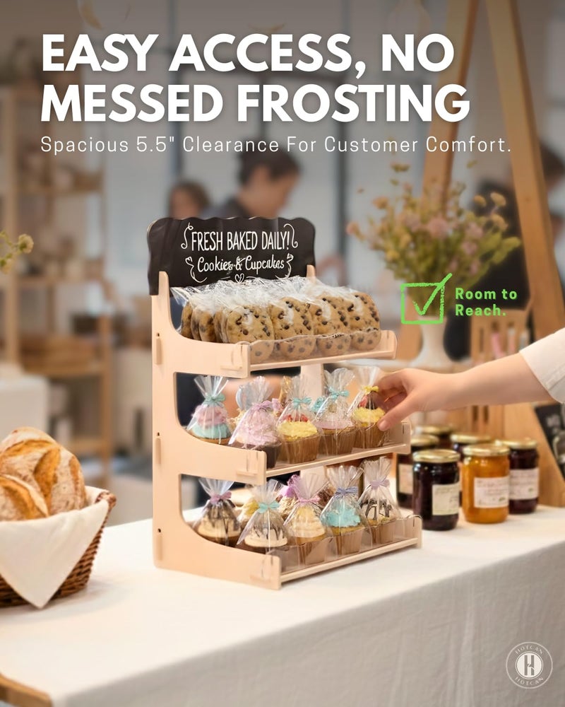 HOTCAN Cookie Display Stand for Bakers & Vendors with Acrylic Front - Wooden Cookie Stand with Chalkboard Sign for Market Booths, Craft Fairs & Events - Tiered Cookie Display for Cupcakes, Muffins & Pastries (Natural) - Image 5