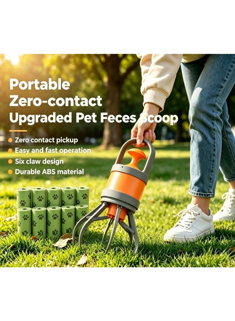 Rich Life Upgraded portable zero-contact pet feces scoop, one-button release pet feces cleaner, simple operation and fast processing, six-claw design can effectively capture feces and residue, made of durable orange ABS material, corrosion-resistant and easy to clean, the upgraded version includes 10 thickened litter bags, suitable for both home and travel use - Image 1
