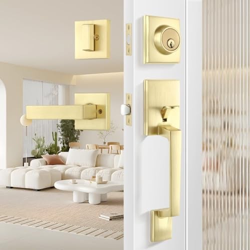 Leydebong Front Door Lock Handle and Deadbolt Set Modern Front Door Lockset Reversible for Right and Left Handed deadbolt Handle Set Single Cylinder Entry Lock Finish in Satin Brass - Image 1