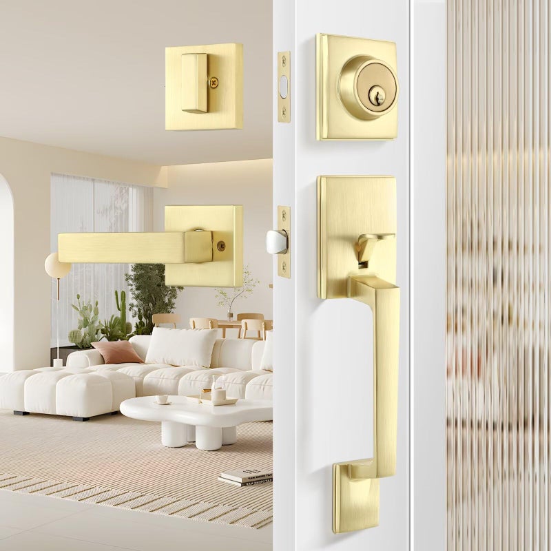 Leydebong Front Door Lock Handle and Deadbolt Set Modern Front Door Lockset Reversible for Right and Left Handed deadbolt Handle Set Single Cylinder Entry Lock Finish in Satin Brass - Image 2