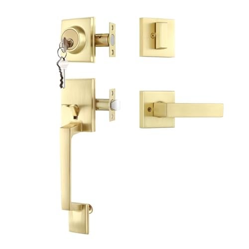 Leydebong Front Door Lock Handle and Deadbolt Set Modern Front Door Lockset Reversible for Right and Left Handed deadbolt Handle Set Single Cylinder Entry Lock Finish in Satin Brass - Image 3