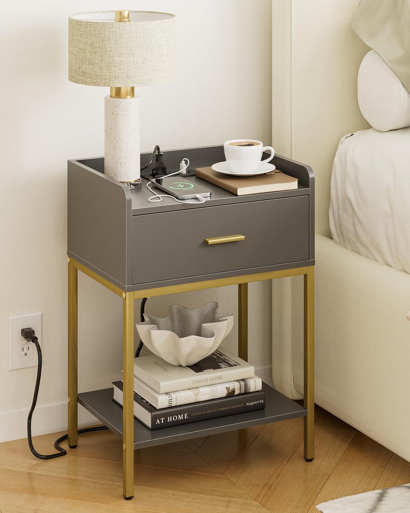 Masupu Nightstand with Charging Station,3-Tier Modern Bedside Night Stand with Storage Drawer and Shelf,Small End Side Table for Bedroom,Living Room,Grey - Image 1