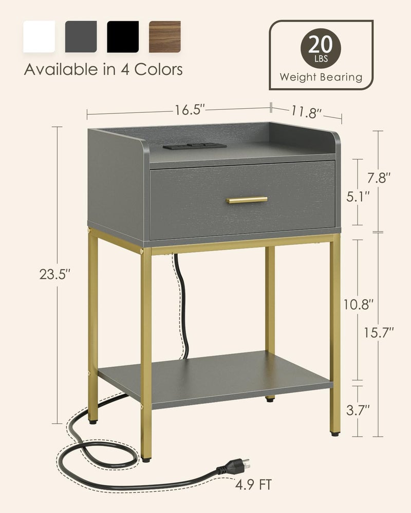 Masupu Nightstand with Charging Station,3-Tier Modern Bedside Night Stand with Storage Drawer and Shelf,Small End Side Table for Bedroom,Living Room,Grey - Image 2