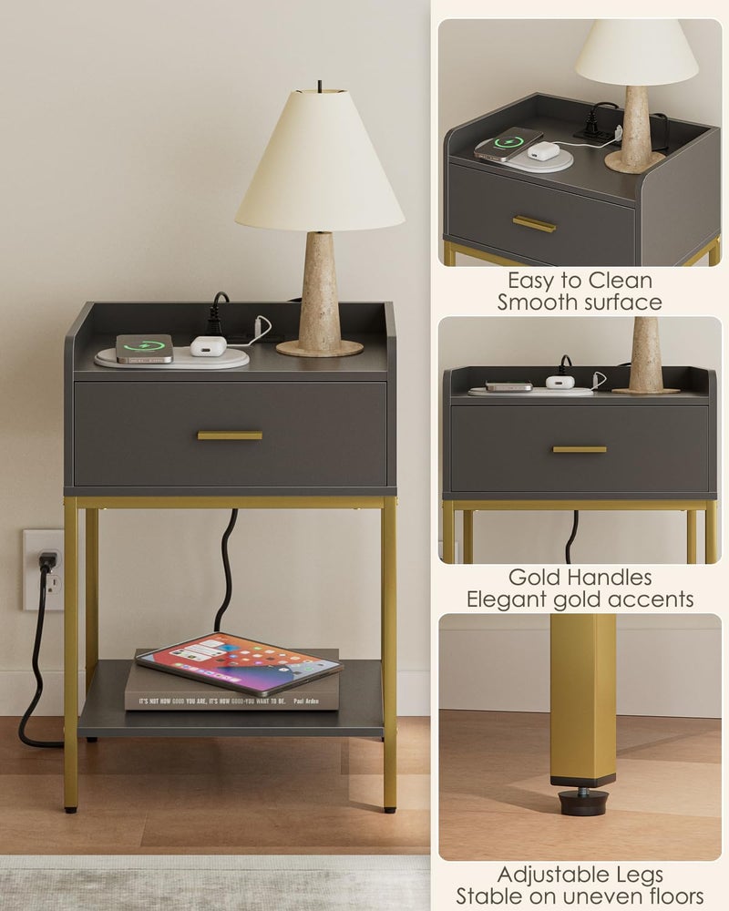 Masupu Nightstand with Charging Station,3-Tier Modern Bedside Night Stand with Storage Drawer and Shelf,Small End Side Table for Bedroom,Living Room,Grey - Image 5