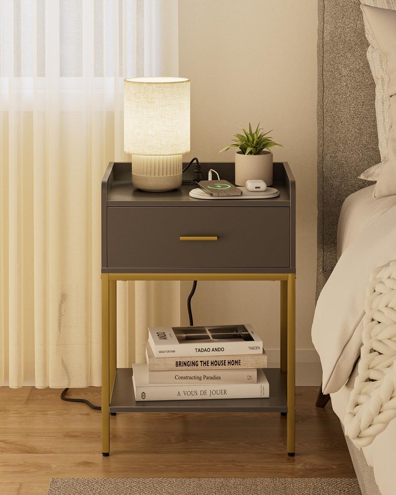 Masupu Nightstand with Charging Station,3-Tier Modern Bedside Night Stand with Storage Drawer and Shelf,Small End Side Table for Bedroom,Living Room,Grey - Image 3