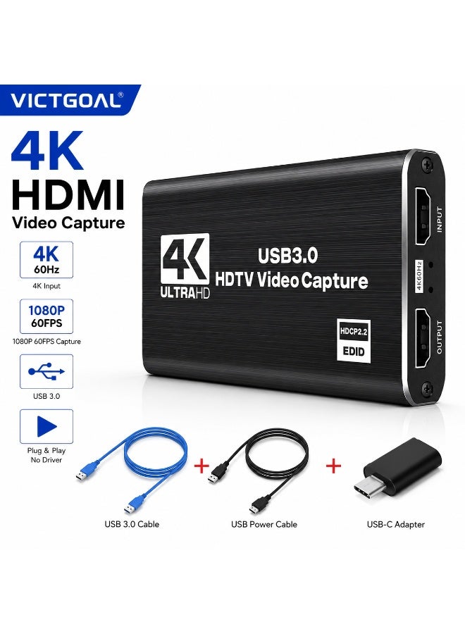  فيكتوال بطاقة التقاط فيديو HDMI بدقة 4K، منفذ USB 3.0 مع تسجيل 1080P بمعدل 60 إطاراً في الثانية، ودعم تمرير HDMI وإدخال الميكروفون وإخراج الصوت لأجهزة PS5 وPS4 وXbox وNintendo Switch والكاميرات والبث المباشر - Image 1
