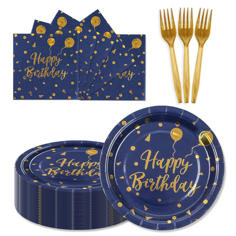PUEVENYI 150PCS Happy Birthday Paper Plates and Napkins - 7 Inch Deep Blue Gold Dot Paper Plates and 6.5 Inch Napkins with 6.3 Inch Gold Forks Disposable Tableware Set for Birthday Party Decorations  Serves 50 - Image 1