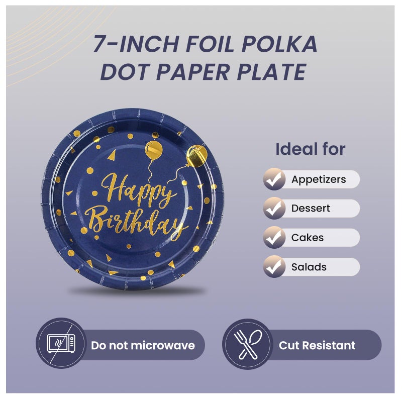PUEVENYI 150PCS Happy Birthday Paper Plates and Napkins - 7 Inch Deep Blue Gold Dot Paper Plates and 6.5 Inch Napkins with 6.3 Inch Gold Forks Disposable Tableware Set for Birthday Party Decorations  Serves 50 - Image 3