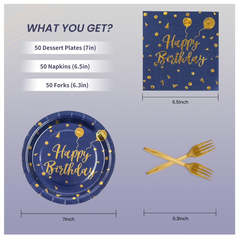 PUEVENYI 150PCS Happy Birthday Paper Plates and Napkins - 7 Inch Deep Blue Gold Dot Paper Plates and 6.5 Inch Napkins with 6.3 Inch Gold Forks Disposable Tableware Set for Birthday Party Decorations  Serves 50 - Image 2