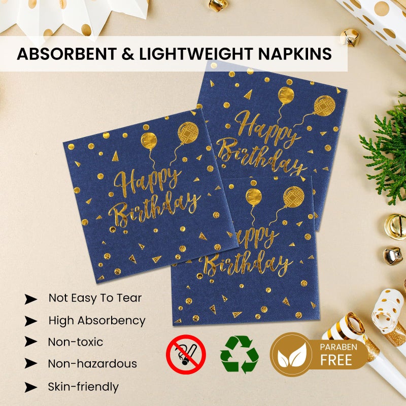 PUEVENYI 150PCS Happy Birthday Paper Plates and Napkins - 7 Inch Deep Blue Gold Dot Paper Plates and 6.5 Inch Napkins with 6.3 Inch Gold Forks Disposable Tableware Set for Birthday Party Decorations  Serves 50 - Image 4