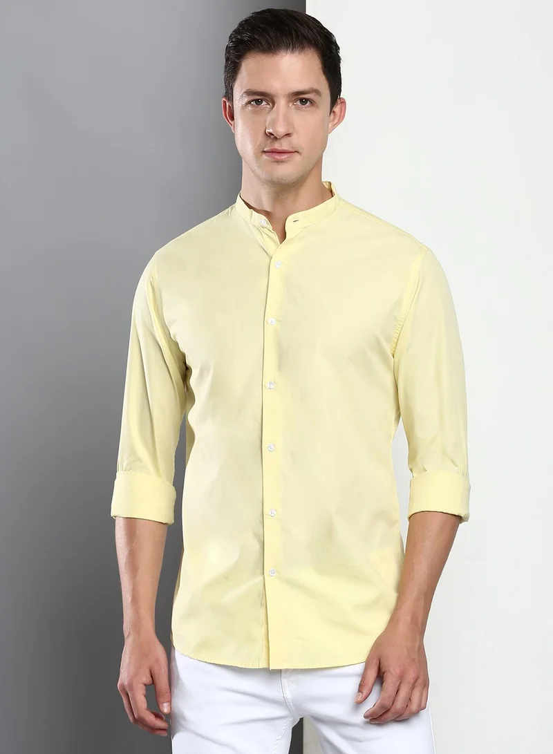 Dennis Lingo Slim Fit Yellow Men's Solid Shirt, Spread Collar, Full Sleeves, 100% Cotton