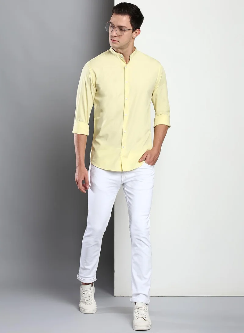 Dennis Lingo Slim Fit Yellow Men's Solid Shirt, Spread Collar, Full Sleeves, 100% Cotton