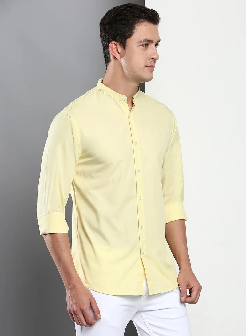 Dennis Lingo Slim Fit Yellow Men's Solid Shirt, Spread Collar, Full Sleeves, 100% Cotton