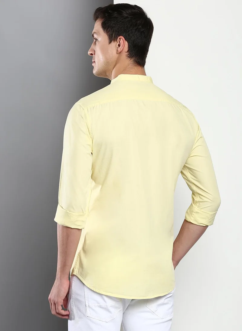 Dennis Lingo Slim Fit Yellow Men's Solid Shirt, Spread Collar, Full Sleeves, 100% Cotton