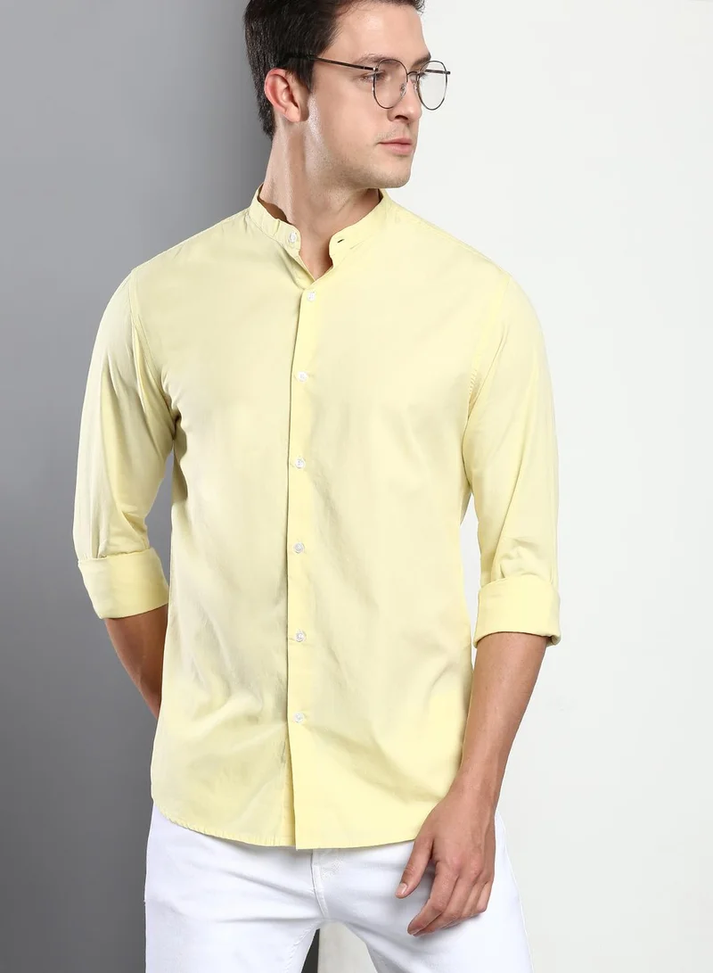 Dennis Lingo Slim Fit Yellow Men's Solid Shirt, Spread Collar, Full Sleeves, 100% Cotton