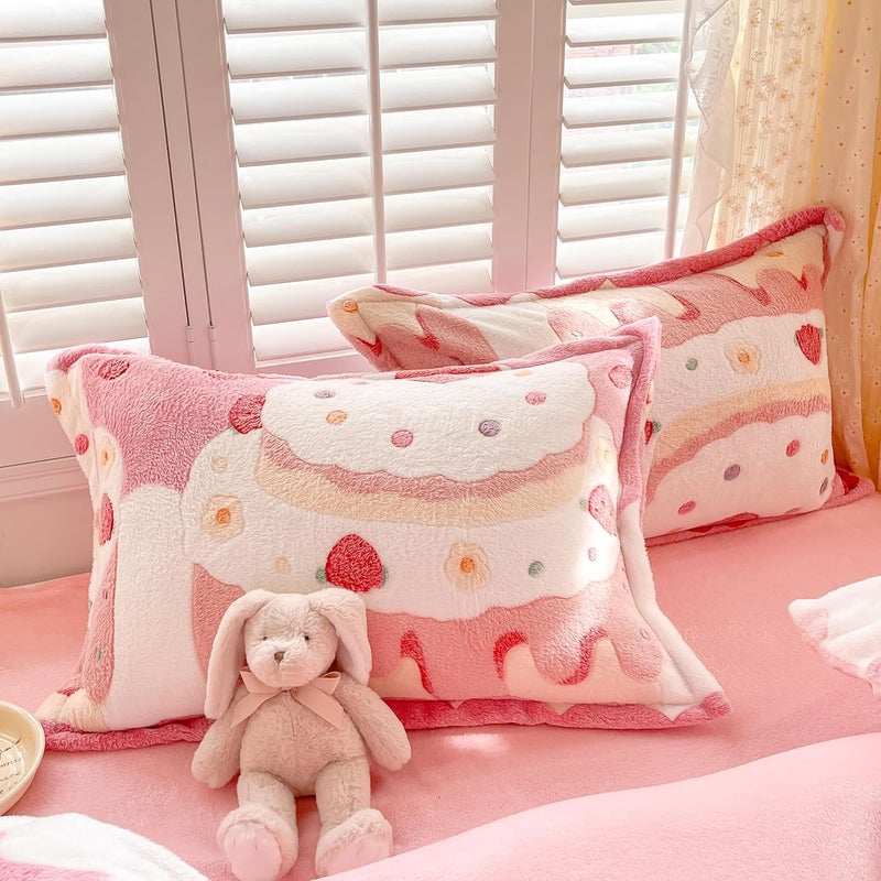 MorroMorn Decorative Pillows Covers Pink Kawaii, 2 Packs Plush Pillow Cases Standard Size, Soft Furry Throw Pillowcase Cushion Shams with Zipper Closure Girls Room Decor (Cream Cake, Standard) - Image 1