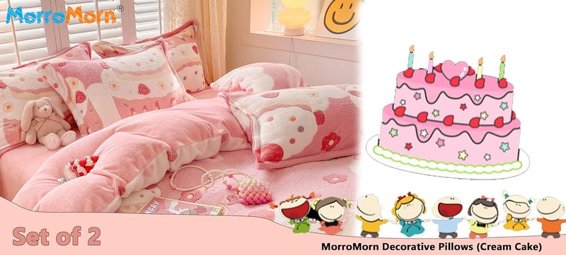 MorroMorn Decorative Pillows Covers Pink Kawaii, 2 Packs Plush Pillow Cases Standard Size, Soft Furry Throw Pillowcase Cushion Shams with Zipper Closure Girls Room Decor (Cream Cake, Standard) - Image 2