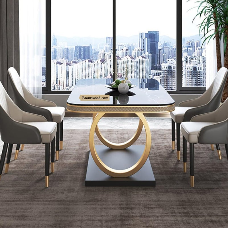 PAAM WOOD PAAM WOOD 6Seater Dining Table with Marble Top and PVC Golden Wooden Base Includes 6 Fabric Upholstered Chairs  - Image 2