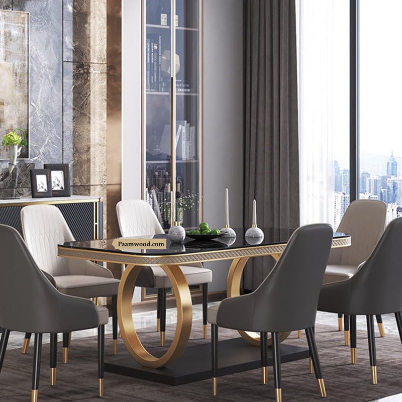 PAAM WOOD PAAM WOOD 6Seater Dining Table with Marble Top and PVC Golden Wooden Base Includes 6 Fabric Upholstered Chairs  - Image 1