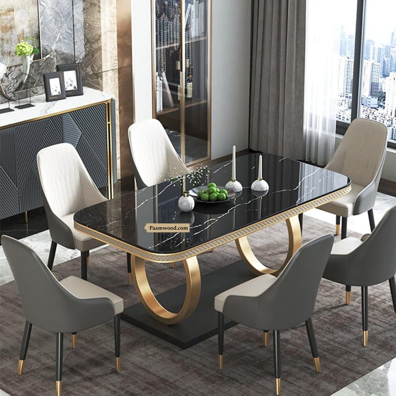 PAAM WOOD PAAM WOOD 6Seater Dining Table with Marble Top and PVC Golden Wooden Base Includes 6 Fabric Upholstered Chairs  - Image 3