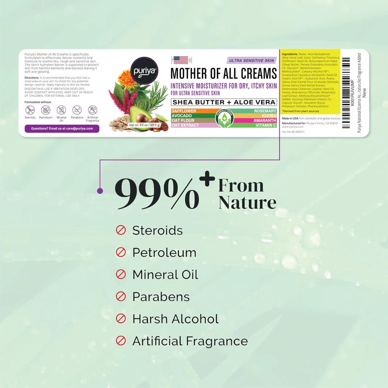 Puriya National Eczema Association Accepted Cream 4.5 oz, Dry Itchy Skin Relief, Colloidal Oatmeal Lotion, For Kids, Adults, Face, Hands, Mother of All Creams, Plant-Based Hydration,No Fragrance Added - Image 4