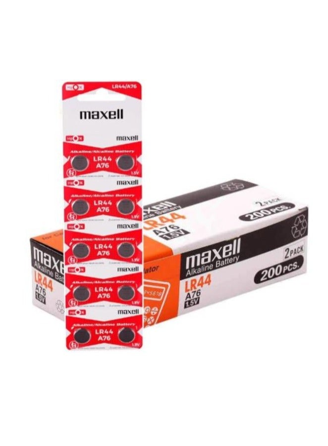 ماكسل 200 قطعة من بطاريات ماكسيل LR44 (A76) AG13 القلوية 1.5 فولت