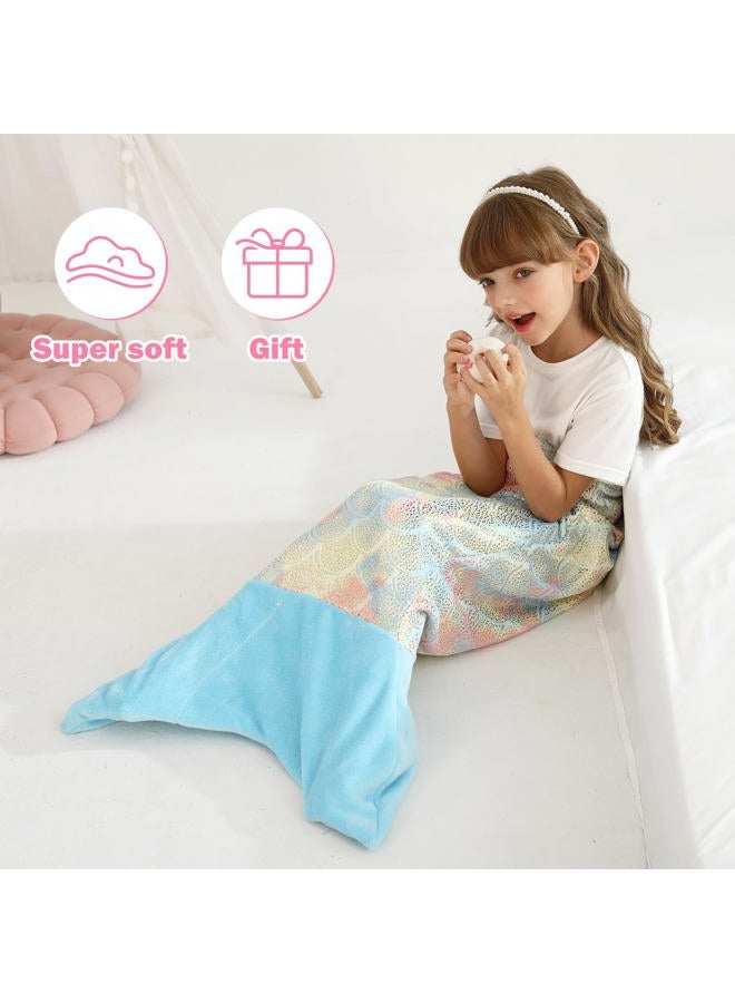 Softan Kids Mermaid Tail Blanket, Girls Toddlers Mermaid Toys, Child Mermaid Blanket with Rainbow Ombre Glittering Fish Scale Design, Little Mermaid Gifts for Girls - 17" x 39" Plush Flannel Fleece - Image 3