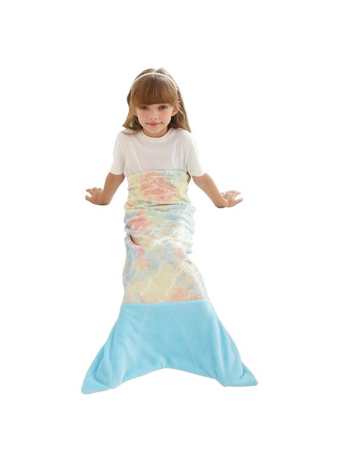 Softan Kids Mermaid Tail Blanket, Girls Toddlers Mermaid Toys, Child Mermaid Blanket with Rainbow Ombre Glittering Fish Scale Design, Little Mermaid Gifts for Girls - 17" x 39" Plush Flannel Fleece - Image 1