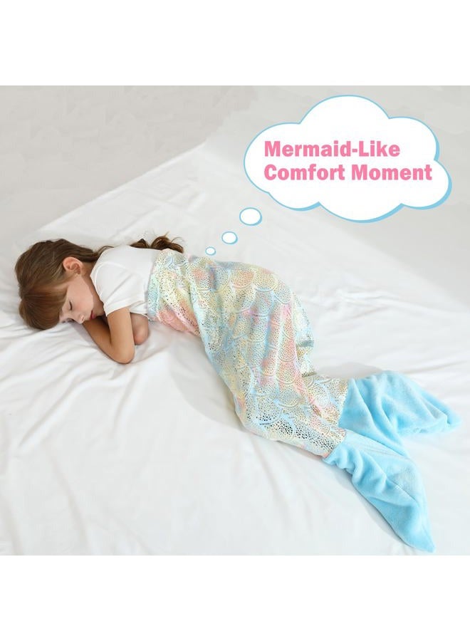 Softan Kids Mermaid Tail Blanket, Girls Toddlers Mermaid Toys, Child Mermaid Blanket with Rainbow Ombre Glittering Fish Scale Design, Little Mermaid Gifts for Girls - 17" x 39" Plush Flannel Fleece - Image 5