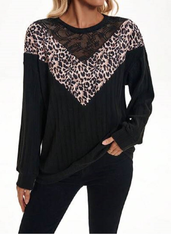 Shein SHEIN Franclia Casual Lace Patchwork Leopard Print Loose Fit Sweatshirt For Women, Autumn - Image 1