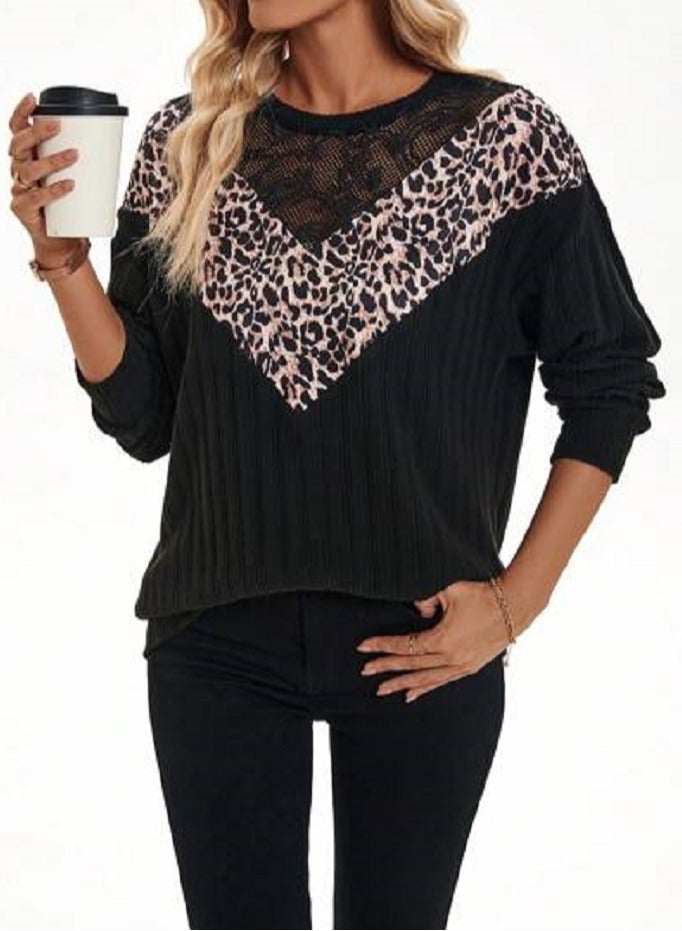 Shein SHEIN Franclia Casual Lace Patchwork Leopard Print Loose Fit Sweatshirt For Women, Autumn - Image 2